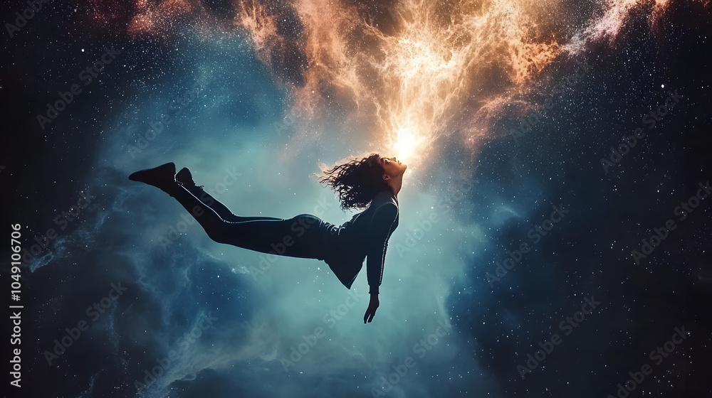silhouette of woman falling freely over space background