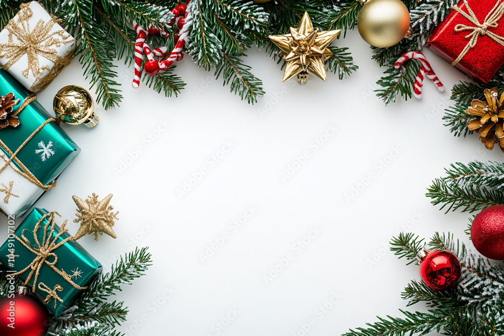 Pine branches and ornaments frame a white background, creating a festive holiday scene Pine branches and ornaments frame a white background, creating a festive holiday scene