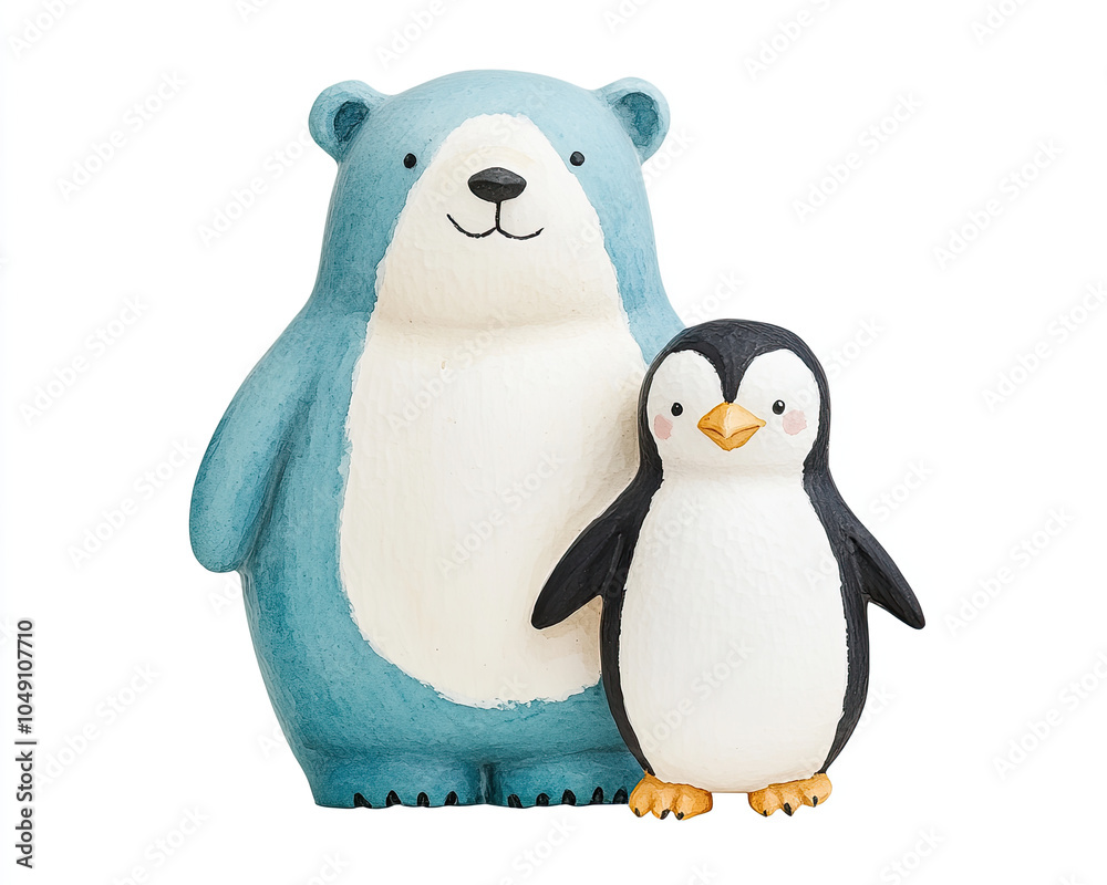 Fototapeta premium Cute bear and penguin figurines, showcasing playful friendship. bear is blue with white belly, while penguin is black and white, adding charm to any decor