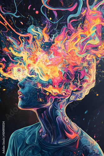 man head exploding into different colors liquid