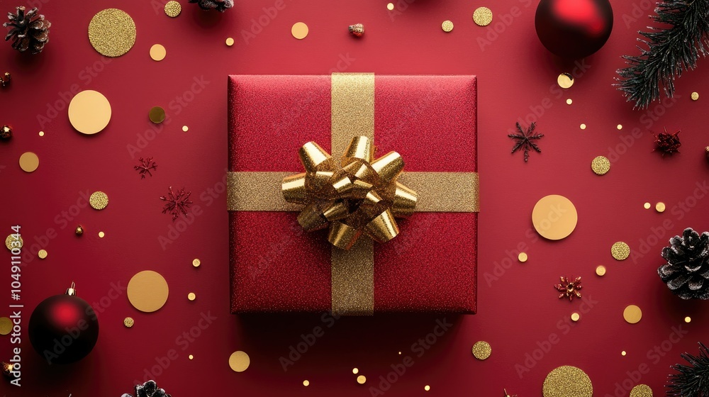 Red gift box with shimmering gold circles and ribbon, framed by minimalist holiday details. Vector postcard for Christmas and New Year. Red gift box with shimmering gold circles and ribbon, framed by minimalist holiday details. Vector postcard for Christmas and New Year.