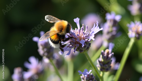 Bumblebee on lavender flower in the garden. Summer pollination by wild bees in a natural environment. side view isolated with white highlights, png