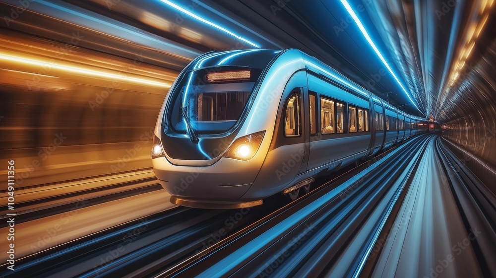High-speed modern train moving through illuminated tunnel
