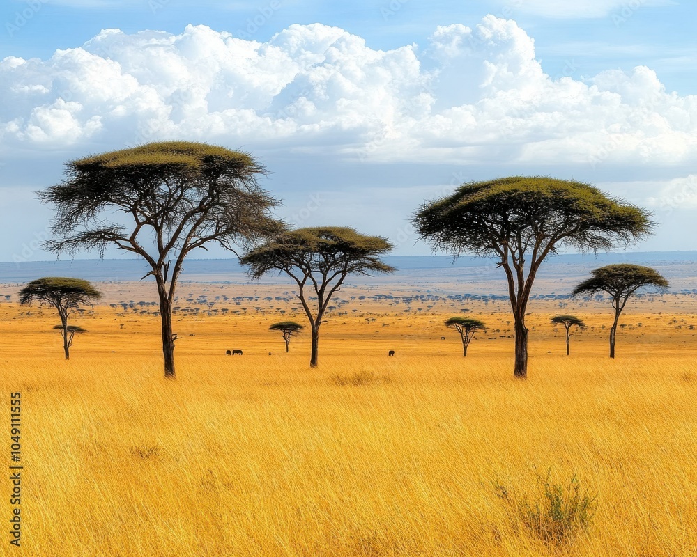Obraz premium Stunning African Savannah Landscape with Acacia Trees Under Expansive Blue Sky and Fluffy Clouds in Serengeti National Park Vast Grassland Plains Wildlife