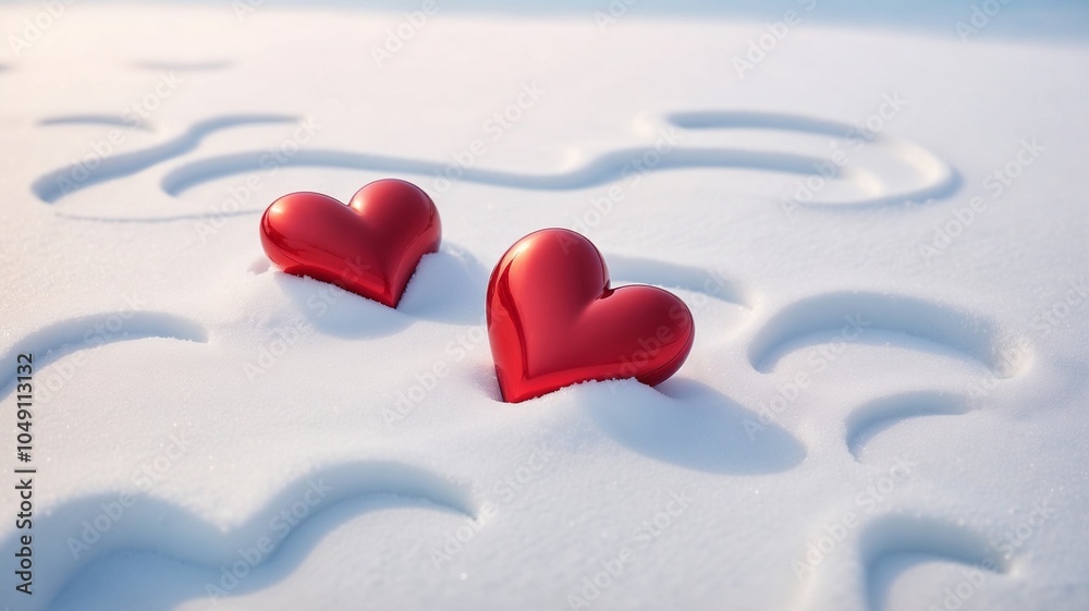 Two red hearts on snow, symbolizing love and warmth in a winter setting. Two red hearts on snow, symbolizing love and warmth in a winter setting.