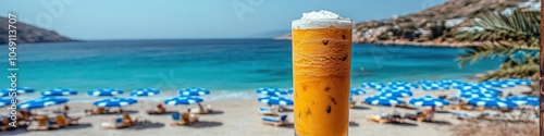 Scenic Beachfront with Refreshing Cold Beer Against Blue Ocean, Sandy Shore, Sunny Sky, and Summer Vacation Relaxation Vibes Perfect for a Tropical Getaway photo