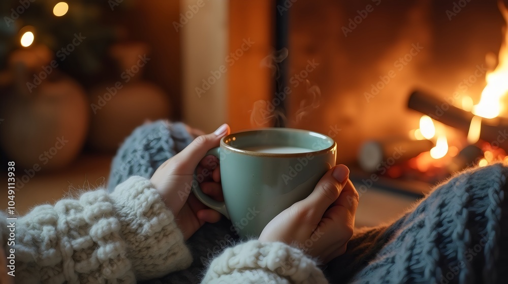 Cozy Winter Scene with Hot Drink and Warm Blanket by the Fireplace – Embracing Comfort and Relaxation Cozy Winter Scene with Hot Drink and Warm Blanket by the Fireplace – Embracing Comfort and Relaxation