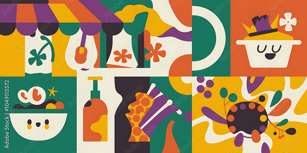 Fototapeta premium Abstract geometric shapes and patterns in green orange and purple create a playful and modern design