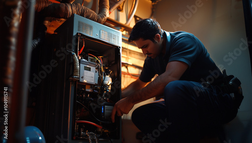 Heating Technician Inspecting Furnace in a Home	
