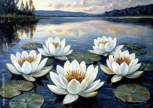 Serene Water Lilies in Tranquil Lake at Sunset with Reflective Sky and Scenic Horizon - Peaceful Nature and Floral Art for Relaxation and Meditation Decor photo