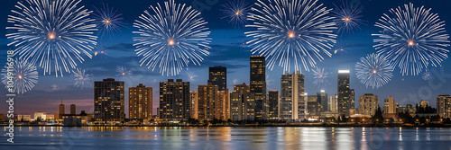 Cityscape with Fireworks  Golden buildings and white fireworks  celebrating a festive night   
