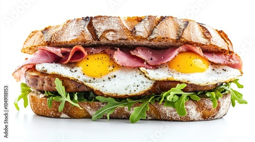 Strammer Max, German-style sandwich with crispy ham and fried eggs, isolated on white. photo