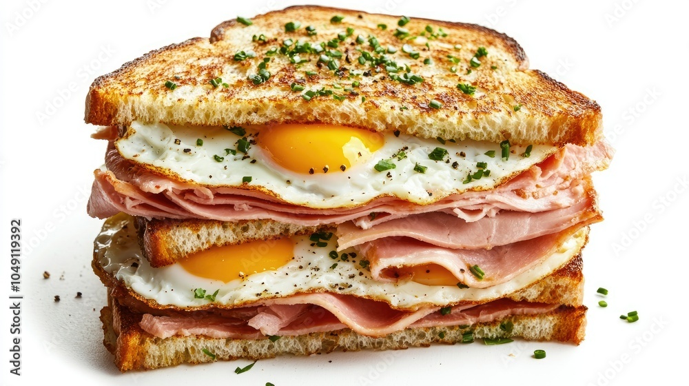 Strammer Max sandwich with layers of ham and eggs, isolated on a white backdrop. Strammer Max sandwich with layers of ham and eggs, isolated on a white backdrop.