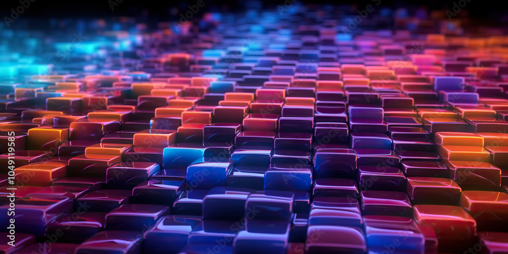 Obraz premium Vibrant 3D grid of colorful tiles illuminated with dynamic lighting effects, creating a mesmerizing abstract pattern in a digital landscape