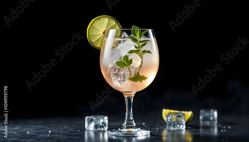 Popular summer cocktail drink with sparkling wine, elderflower syrup, soda, lime, mint and ice in wine glass, dark background isolated with white highlights, png photo