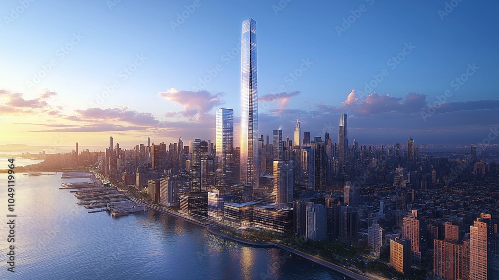 Fototapeta premium Dynamic Cityscape with Towering Skyscrapers and Clear Azure Sky