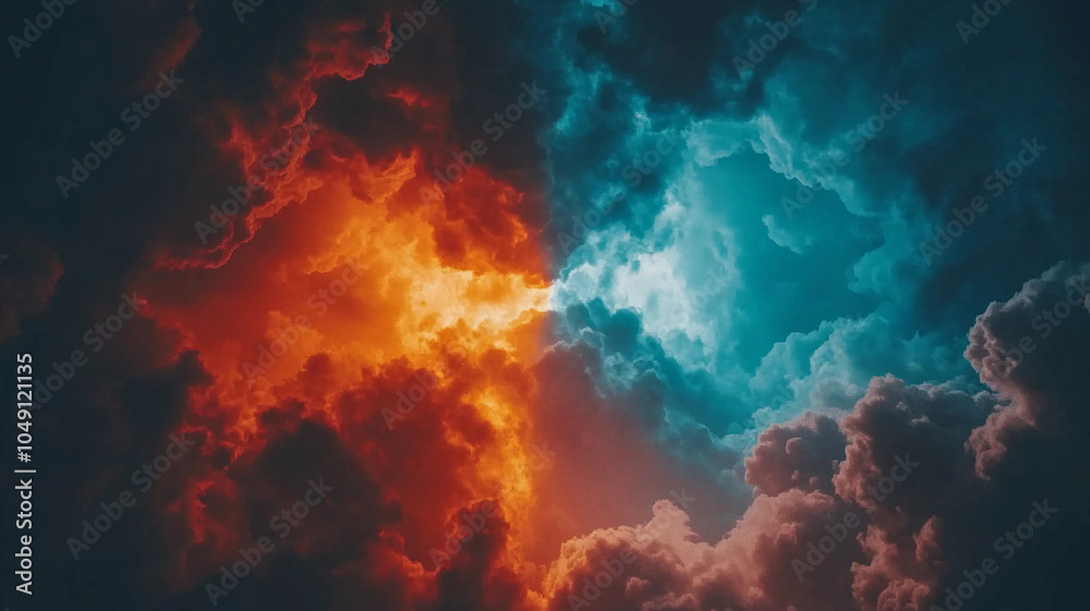 Dramatic skies with swirling orange and blue clouds during sunrise showcase nature's color contrast and atmospheric beauty Dramatic skies with swirling orange and blue clouds during sunrise showcase nature's color contrast and atmospheric beauty