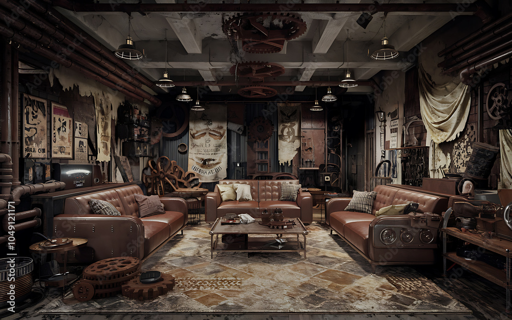 Steampunk living room brown leather furniture industrial design vintage interior Steampunk living room brown leather furniture industrial design vintage interior