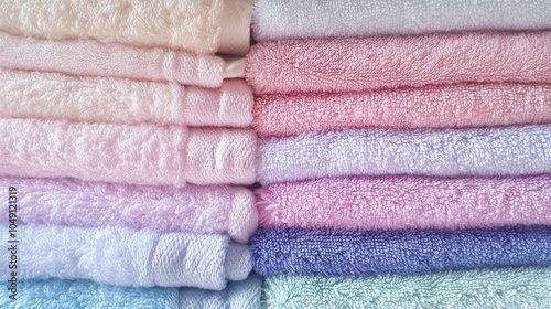 Various textures of pastel towels, stacked neatly to highlight their softness and cleanliness for home and bathroom decor.