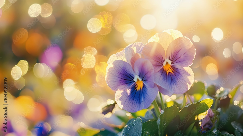 A beautiful pansy flower bathed in sunlight, its purple and yellow petals in soft focus with dreamy bokeh glittering in the background. A beautiful pansy flower bathed in sunlight, its purple and yellow petals in soft focus with dreamy bokeh glittering in the background.