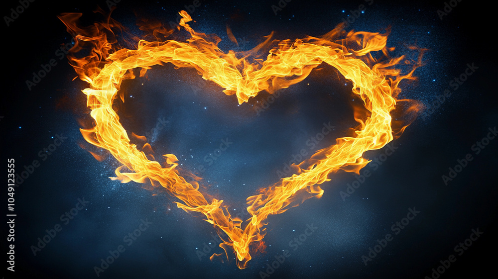 Fototapeta premium A vibrant heart shape made of flames glows against a dark, starry background, embodying passion and intensity