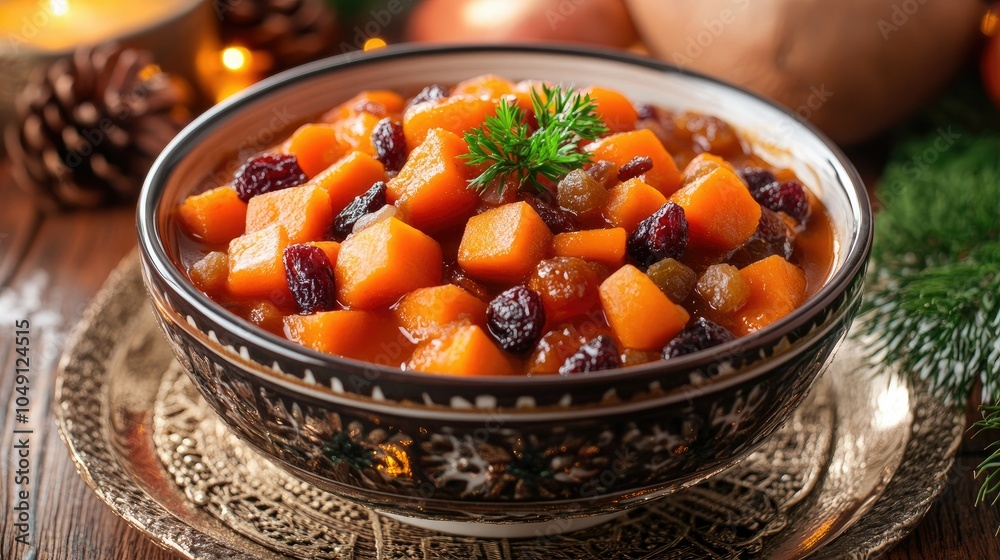 A bowl of sweet carrot and sweet potato stew, flavored with honey and dried fruits, captured in a festive Hanukkah setting. A bowl of sweet carrot and sweet potato stew, flavored with honey and dried fruits, captured in a festive Hanukkah setting.