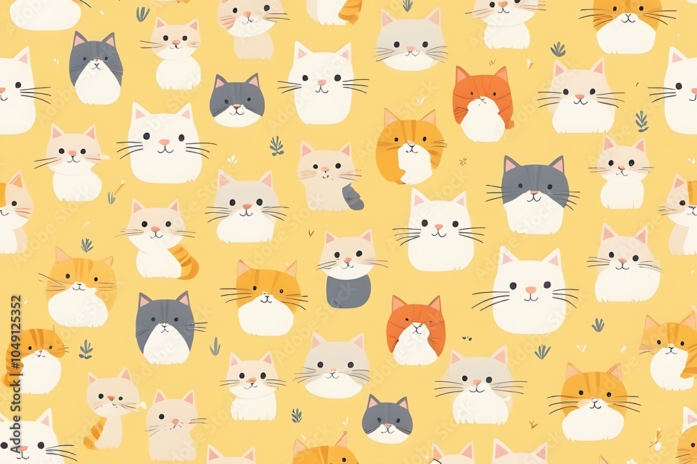 Seamless picture of cute cat carton design art funny background for textile kid clothes baby kitten fun pale yellow Seamless picture of cute cat carton design art funny background for textile kid clothes baby kitten fun pale yellow