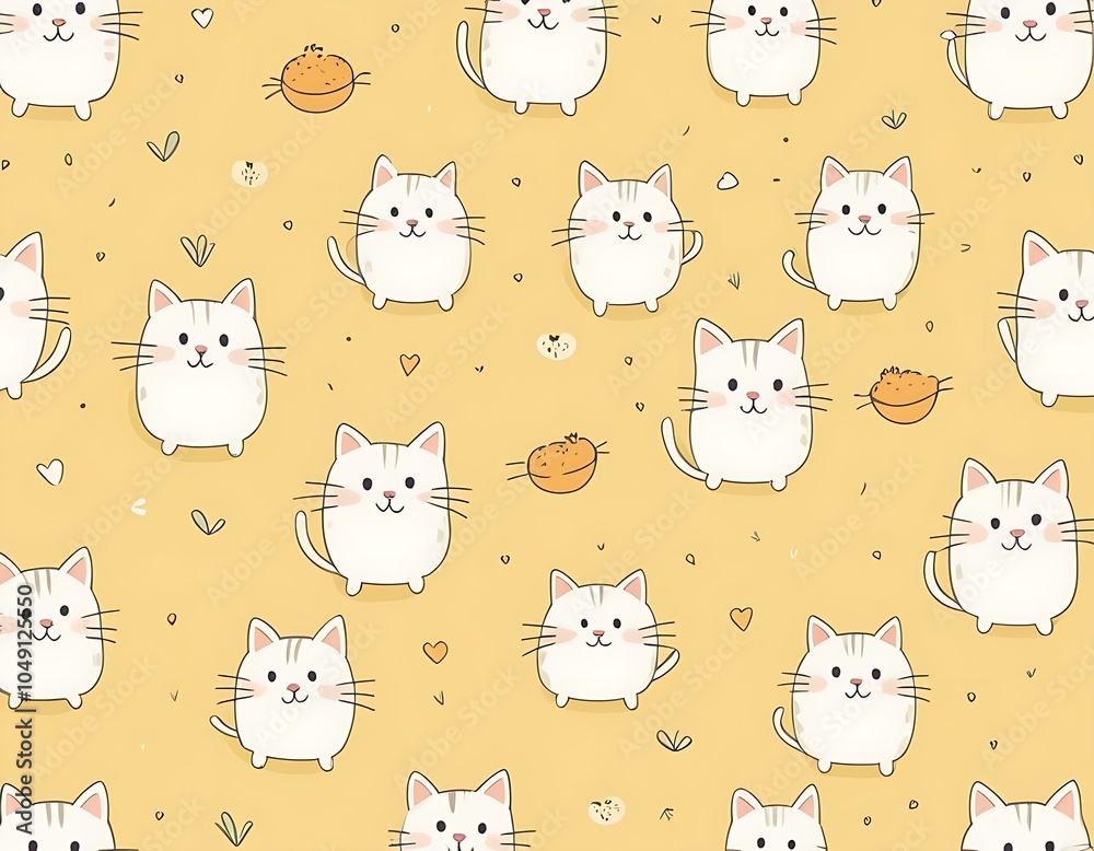 Seamless picture of cute cat carton design art funny background for textile kid clothes baby kitten fun pale yellow Seamless picture of cute cat carton design art funny background for textile kid clothes baby kitten fun pale yellow