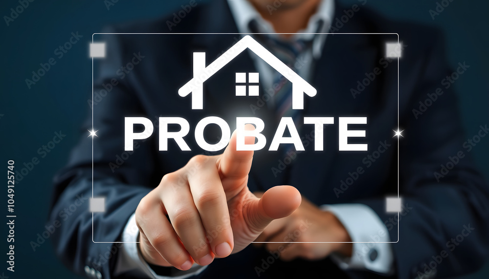 Man working on virtual touch screen presses inscription: PROBATE LAW. Concept of probate law. Probate Wealth House Estate. Inheritance of property by court decision isolated with white highlights, p Man working on virtual touch screen presses inscription: PROBATE LAW. Concept of probate law. Probate Wealth House Estate. Inheritance of property by court decision isolated with white highlights, p