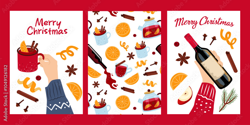 Naklejka premium Christmas drinks cards set. Hand with mug and bottle of wine. Mulled wine, fruits and spices seamless background. Vector illustration set.