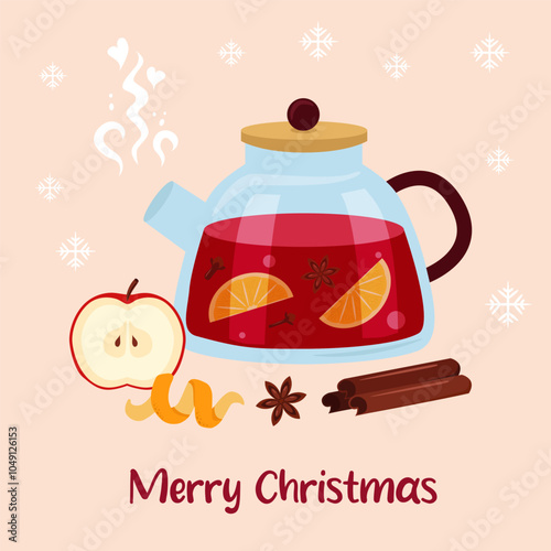 Winter drink vector card. A teapot with mulled wine, fruits, spices. Illustration on a pink background.