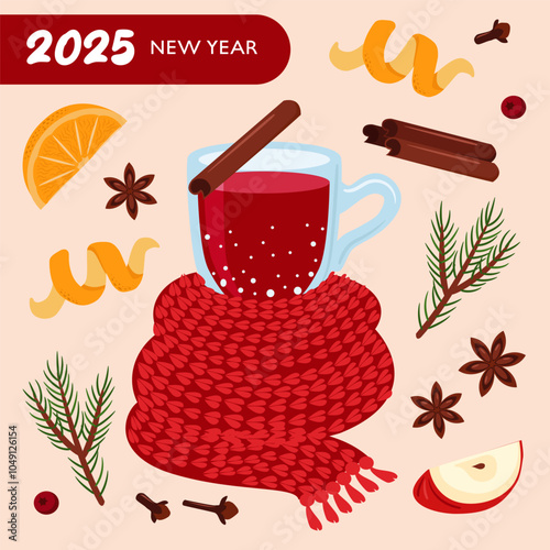 New Year greeting card. A glass of mulled wine in a scarf. Ingredients for cooking - orange, spices. Vector trend illustration.