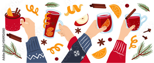 Stock vector mulled wine. Winter drinks. Hands with mug, glass, cup with wine. Fruits and spices. Vector illustration set.