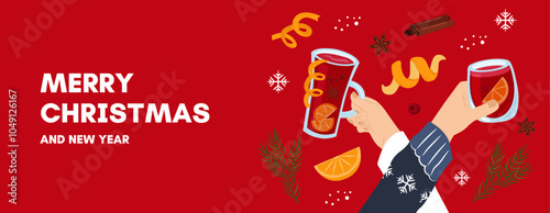 Merry Christmas banner with group of people drinking winter drinks. Hands hold glasses of mulled wine. People celebrate Christmas and New Year together. 