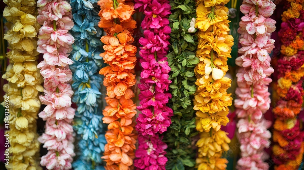 A colorful array of flower garlands displayed at a Bangalore market, creating a vibrant cultural backdrop with space for copy or text. A colorful array of flower garlands displayed at a Bangalore market, creating a vibrant cultural backdrop with space for copy or text.