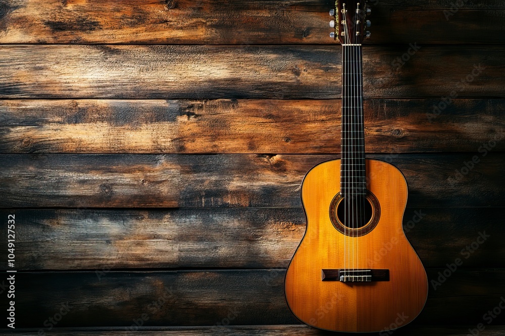 Musical design with acoustic guitar. Spanish guitar and wood wall.Music background .generative ai Musical design with acoustic guitar. Spanish guitar and wood wall.Music background .generative ai