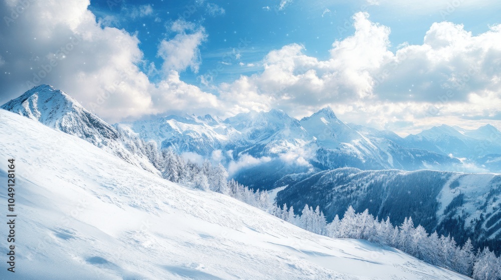 Obraz premium A snowy landscape with a mountain in the background