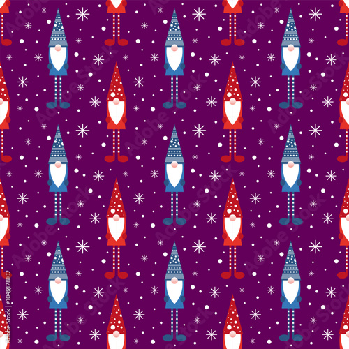 Vector illustration. Geometric gnome Santa Claus seamless pattern cartoon on bright background.