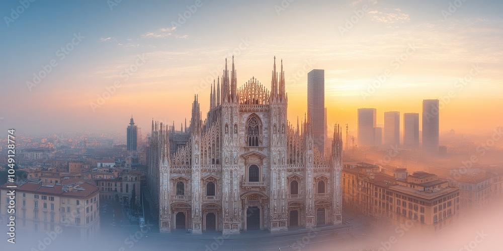 Fototapeta premium Majestic Milan Cathedral at Sunset with Modern Skyline in Fog, Duomo di Milano, Iconic Architecture, Historic Landmark, Italian Cityscape, Milan Tourism