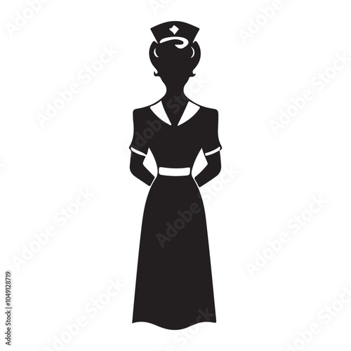 1940s Nurse silhouette  vector  black color white background 