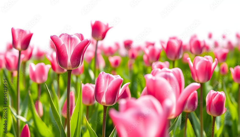 Fototapeta premium Pink png tulip field transparent background isolated with white highlights, png