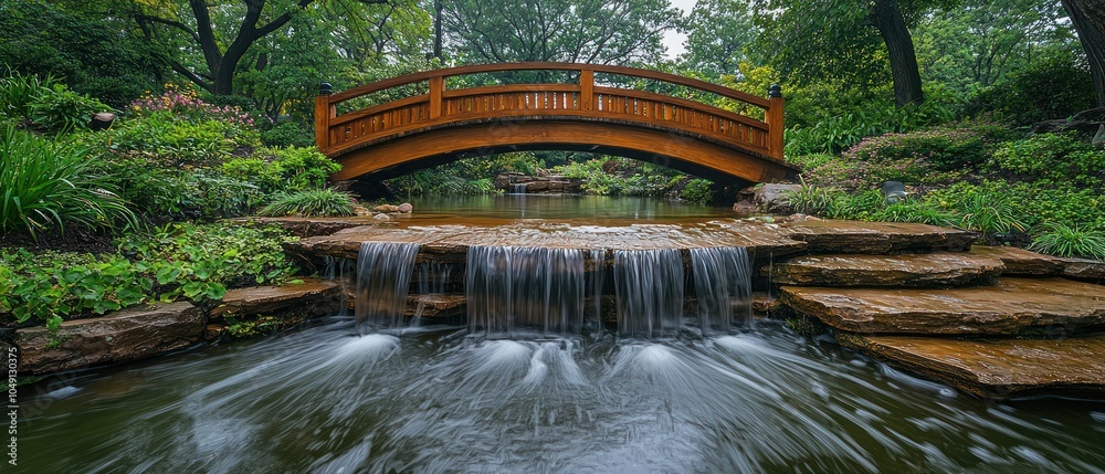 Fototapeta premium A Wooden Bridge Over a Cascading Waterfall in a Tranquil Garden