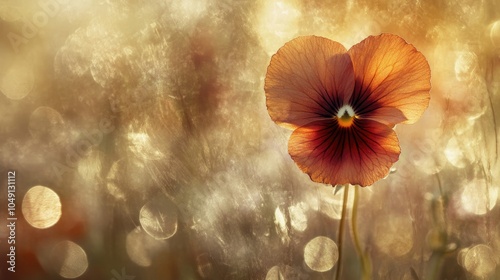 A dreamy, soft-focus capture of a pansy flower, its petals radiant in the sunlight with a shimmering bokeh backdrop adding magic to the scene.