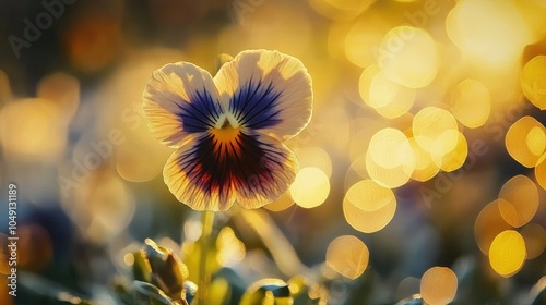 A dreamy, soft-focus capture of a pansy flower, its petals radiant in the sunlight with a shimmering bokeh backdrop adding magic to the scene.