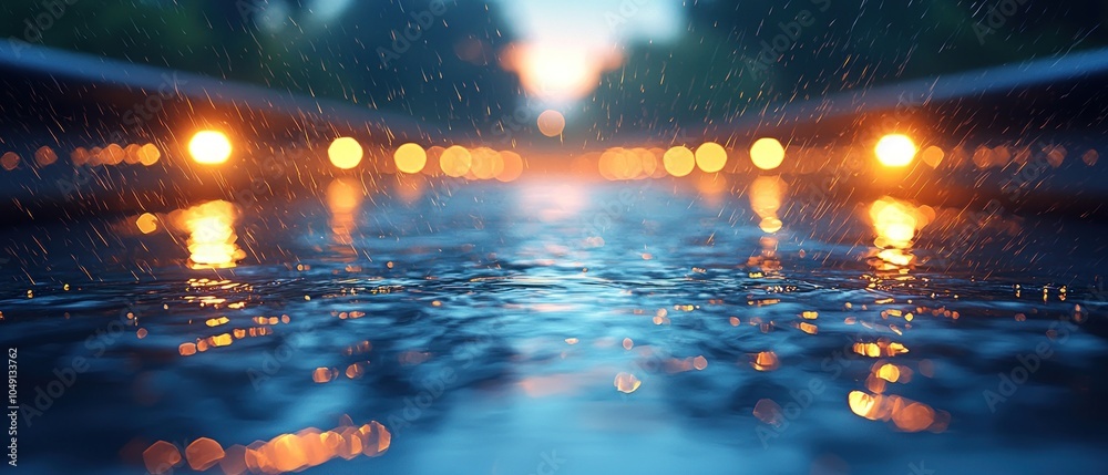 Rain Falling on a Wet Street with Blurry Lights