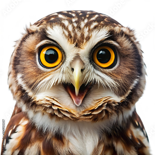 Close up portrait of a surprised Owl isolated on white background as transparent. PNG. AI GENERATED photo