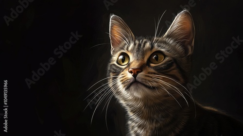 A portrait of a shorthair cat with detailed fur and piercing eyes, offering a clean background with space for text or design.