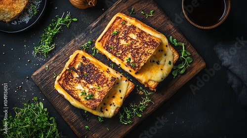 Grilled cheese sandwich with melted cheddar cheese, beautifully presented on a wooden board. Photographed from above to capture the mouthwatering detail. photo