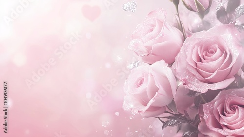 A romantic Valentine's Day banner featuring a delicate pink background with sparkling silver roses, ideal for a feminine and love-themed design.