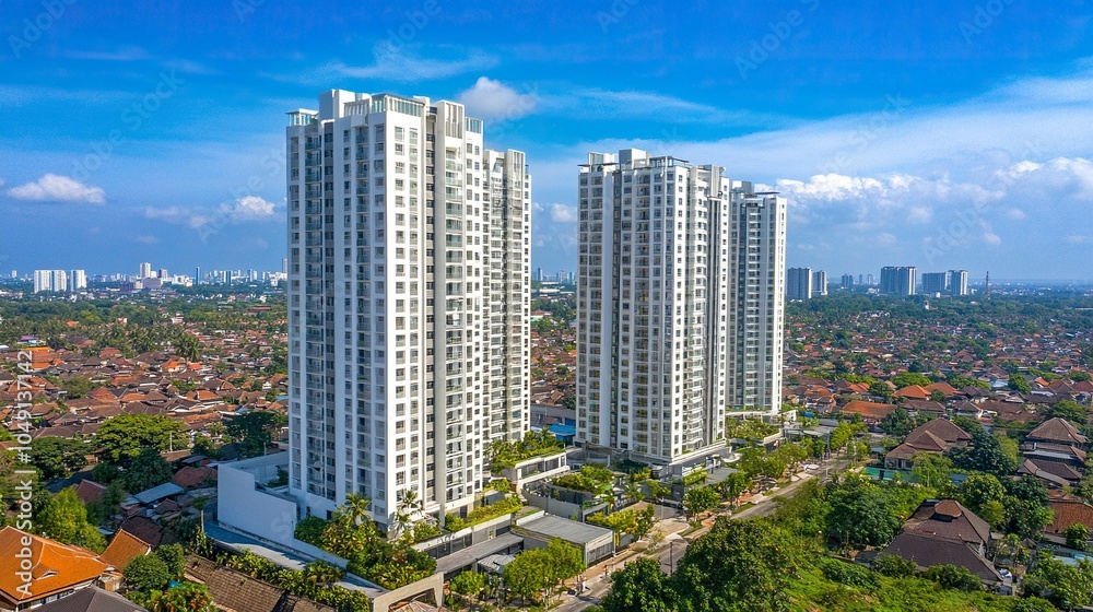 Naklejka premium Surabaya, Indonesia - September 04 2024 : High-rise apartments line the expansive cityscape on a sunny day, showcasing modern architecture amidst clear blue skies and green surroundings. generative ai